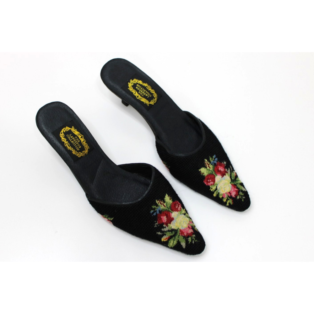The Larkspur Collection Needle Point Leather Trim Heels Mules M
